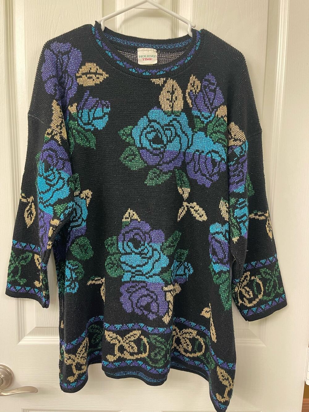 Vintage Holiday Time XL sweater 70's floral metallic tunic length roses
